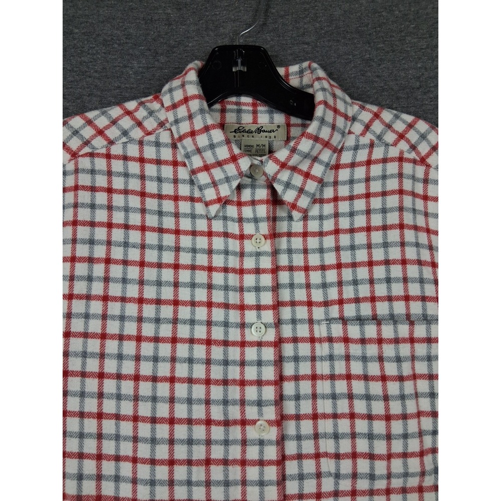 Eddie Bauer Womens Shirt M P Red Gray Plaid Flannel Button Lumberjack Cabin Cozy